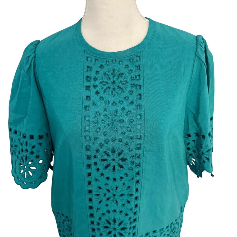 Rebecca Taylor Dress Womens 2 Teal Deco Eyelet Shift Flutter Embroidered Pockets - Picture 3 of 11